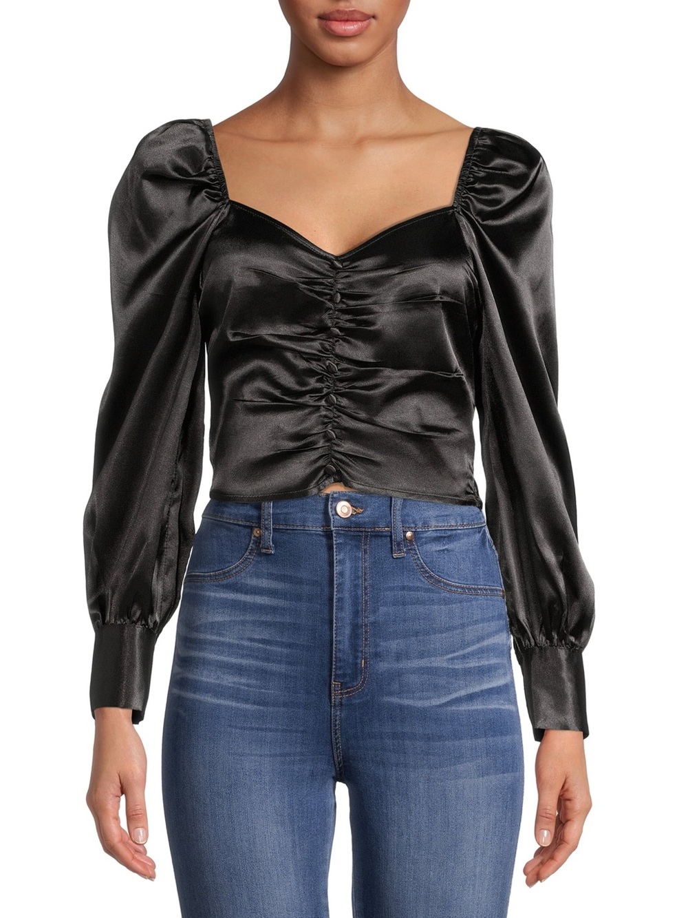 Express Puff Sleeve Sweetheart Neckline Ruched Velvet Crop Top Blouse XS-Small